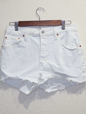 Levi's White High-Rise Distressed Denim Shorts